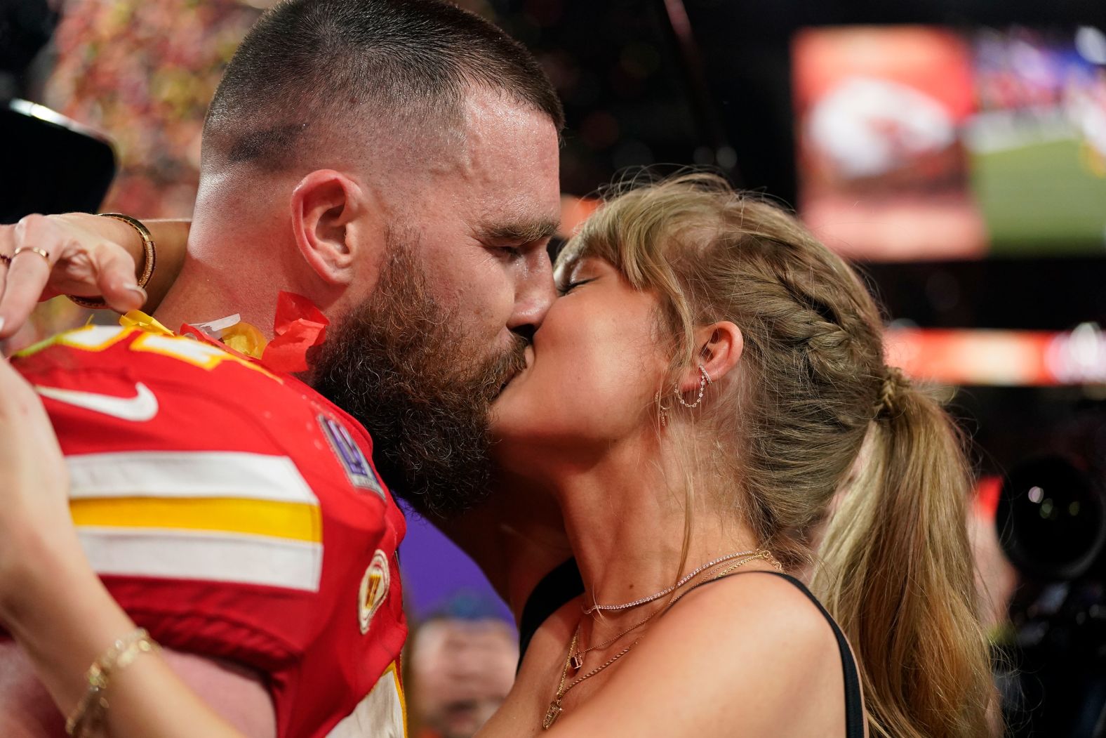 Kansas City Chiefs tight end Travis Kelce kisses his girlfriend, singer Taylor Swift, after the Chiefs won Super Bowl LVIII on Sunday, February 11. The Chiefs are the first team to win consecutive Super Bowls since New England in 2005.