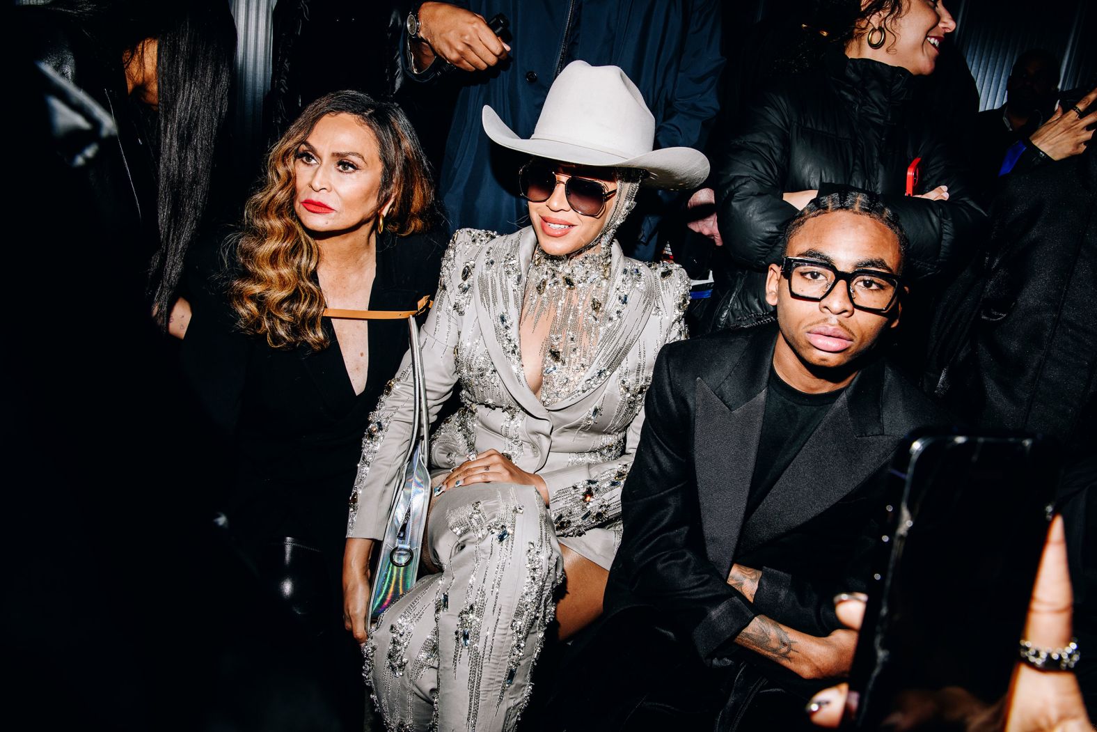 Singer Beyoncé, center, makes a surprise appearance at a Luar fashion show in New York with her mother, Tina Knowles, on Tuesday, February 13.